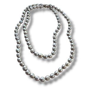 Honora Long Pearl Necklace- Sterling Silver 925 Stamped Clasp Beaded Gray